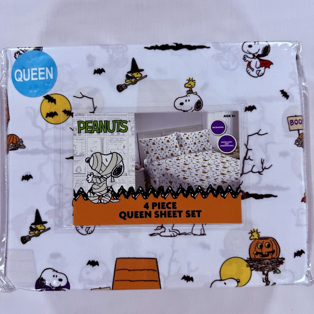 PEANUTS SNOOPY WOODSTOCK HALLOWEEN THEMED 4 PIECE QUEEN SHEET SET SEALED NEW